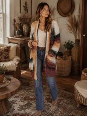 EXPRESS Wool Blend Multicolored Oversized Open Front Knit Cardigan L/XL